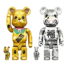 BEARBRICK X BAPE maneki neko & daruma set gold & silver plated